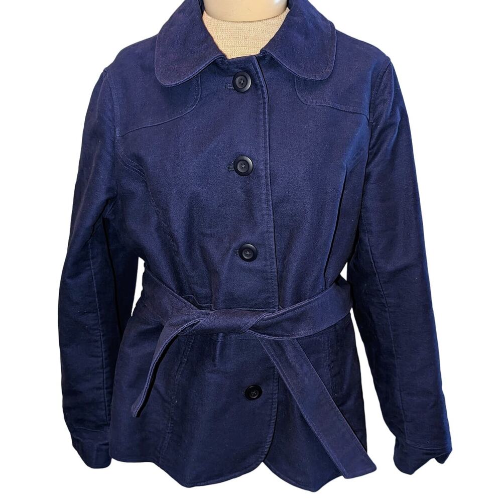 L. L. Bean Cotton Peacoat Sz Medium Midnight Blue Tie Waist Round Collar Jacket